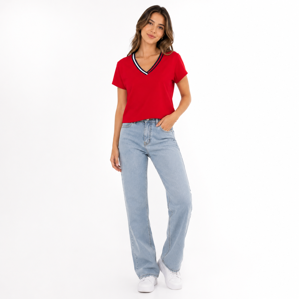 Tommy Hilfiger Women Red V-Neck Cotton T-Shirt