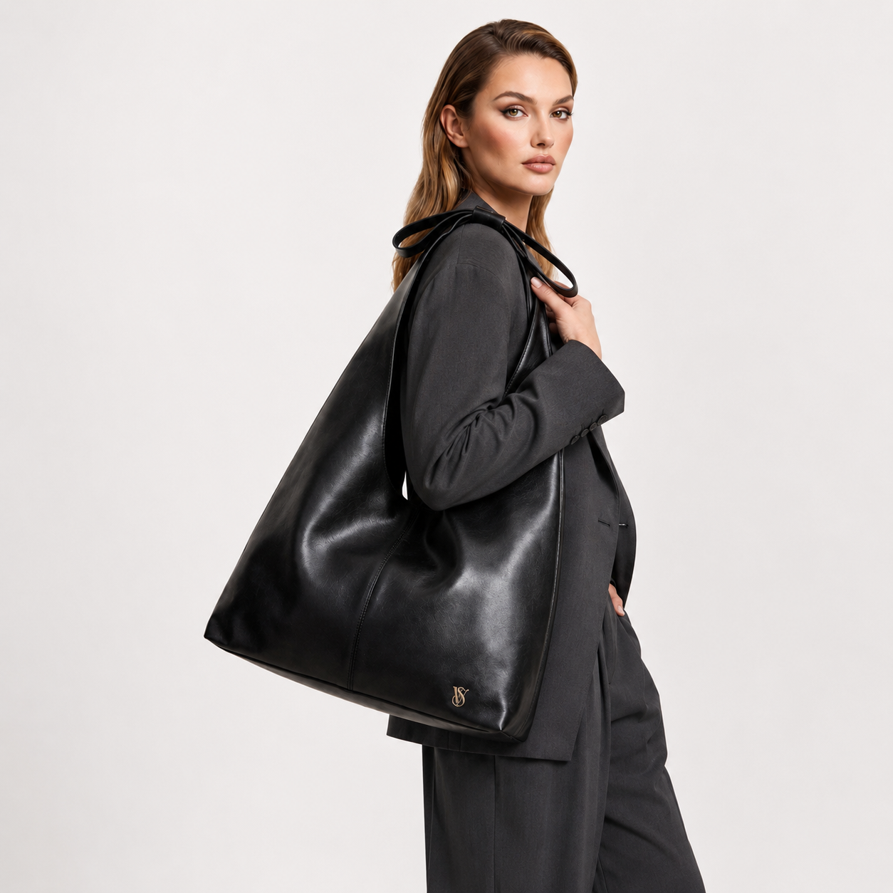 Victoria's Secret Bow Tote Bag Black Faux Leather Shoulder Bag