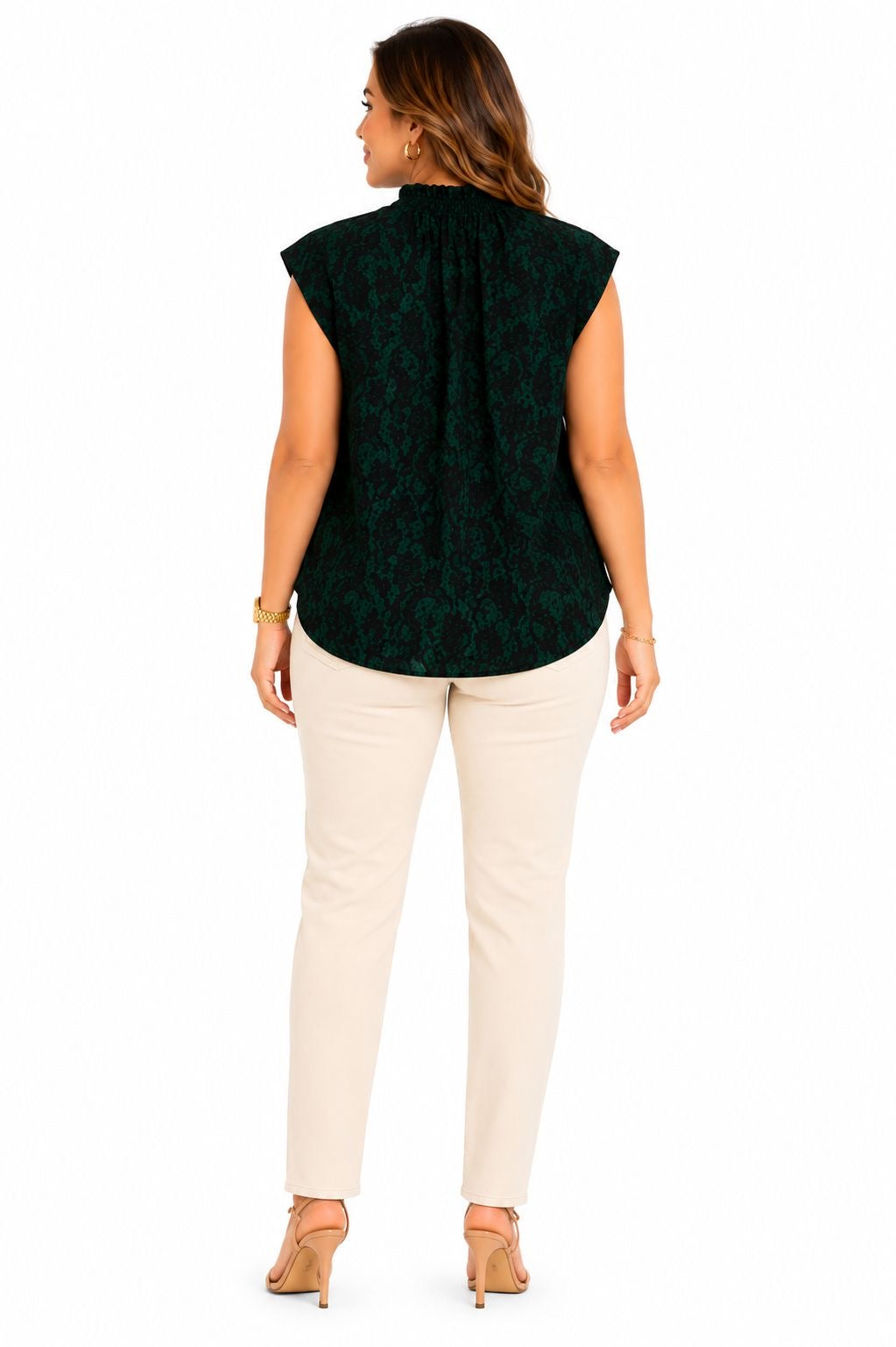 Michael Kors sleeveless blouse in dark emerald green with a lace print