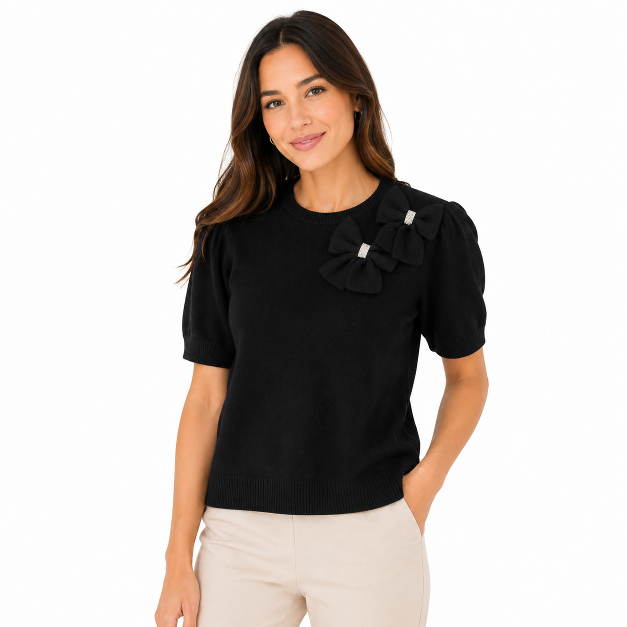 CeCe brand black sweater with puff sleeves