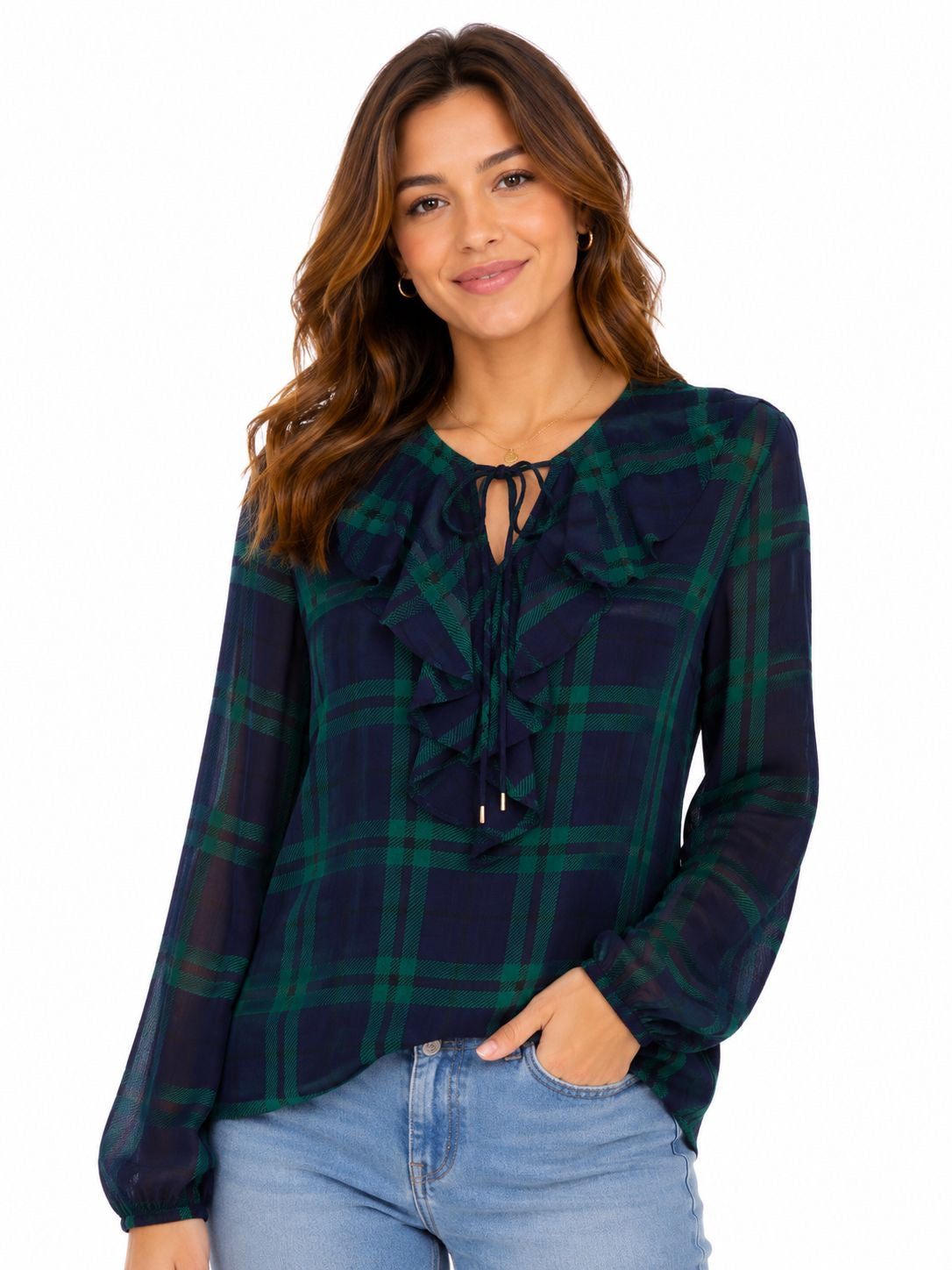 TOMMY HILFIGER-Checkered chiffon blouse with ruffled collar and bow
