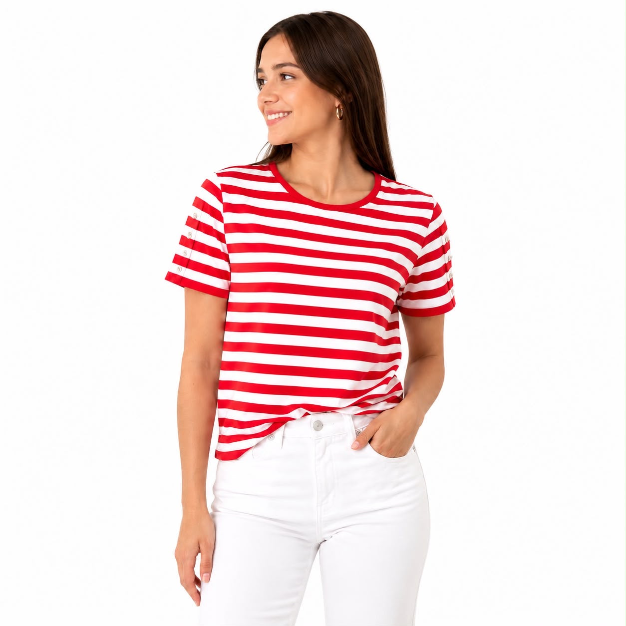 Josie and Delancy Round neck t-shirt with red and white horizontal stripes