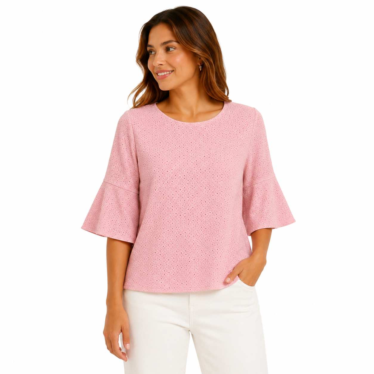 Kasper brand blouse is pink and has an English embroidery design