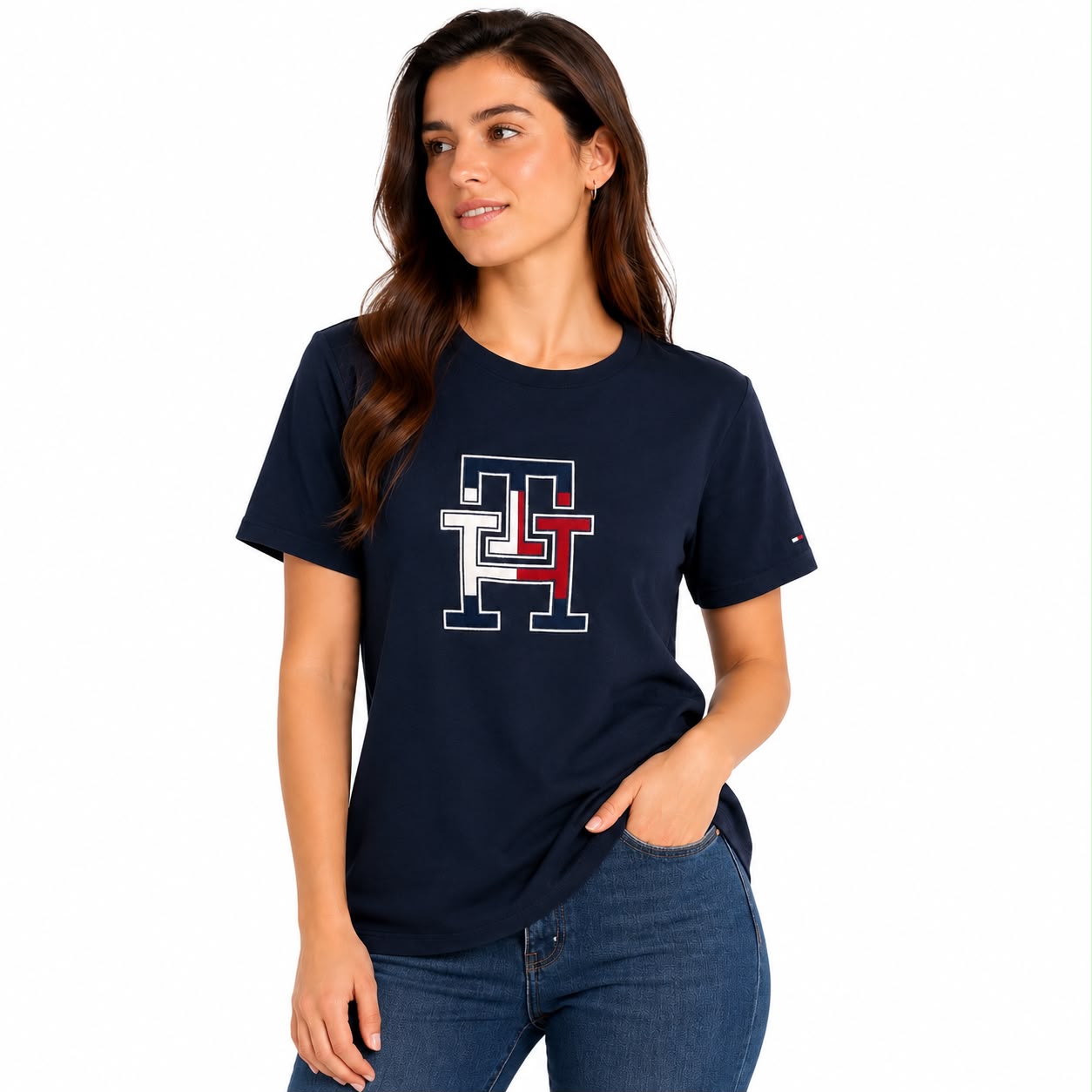 TOMMY HILFIGER-Embroidered Tricolor Logo T-Shirt