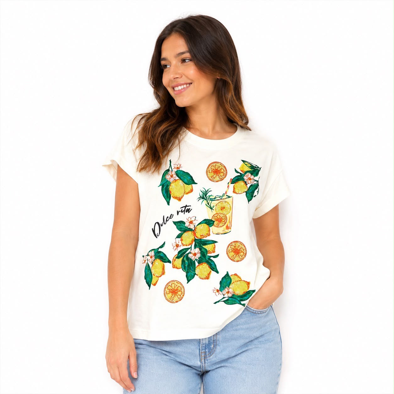 On 12th T-shirt is the model "La Dolce Vita Vintage Graphic Women’s