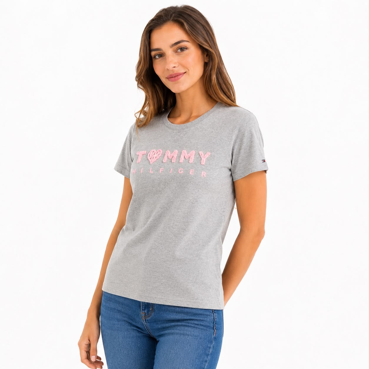 Tommy Hilfiger gray t-shirt features a pink embossed embroidered front logo