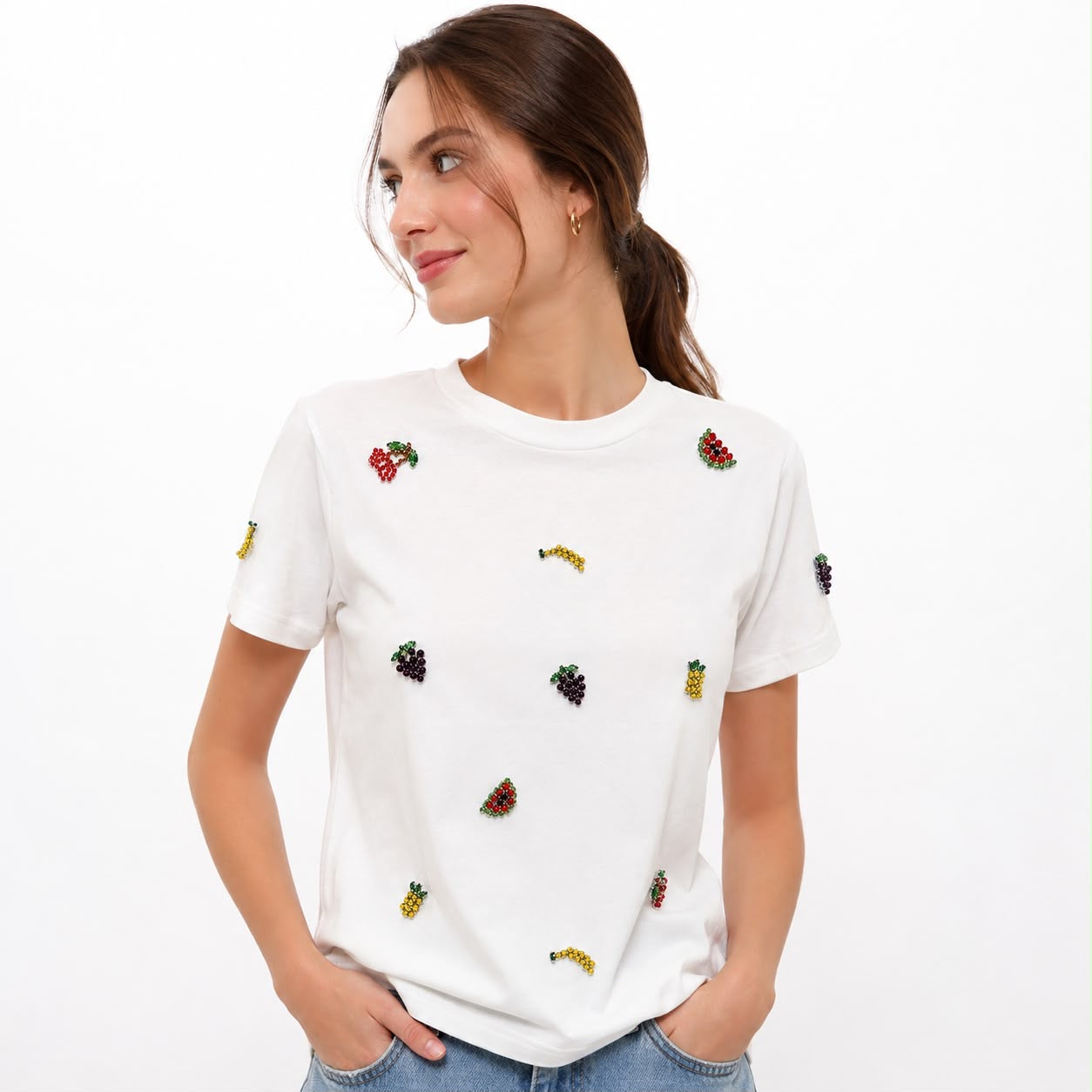 Oh 12th white t-shirt stands out for its colorful fruit appliques