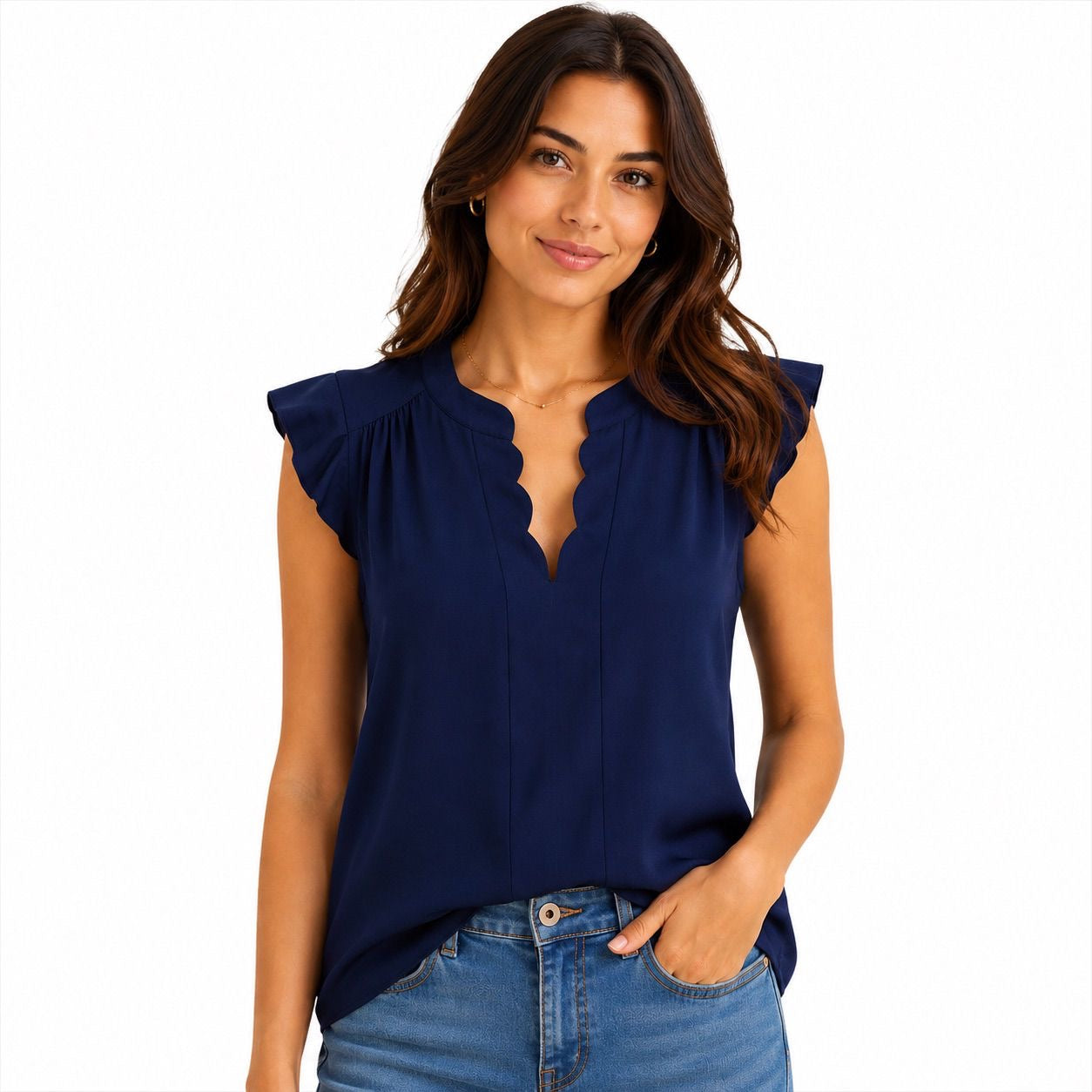 Monteau navy blue blouse with scalloped V-neck