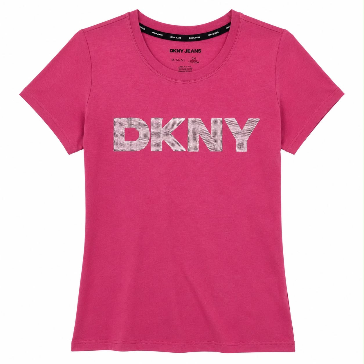 DKNY brand women's pink t-shirt stands out for its striking bright logo