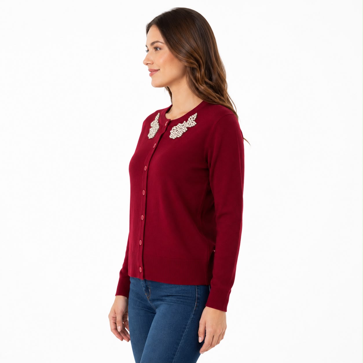 Liv Milano Red cardigan Features bright embroidered details on the neck