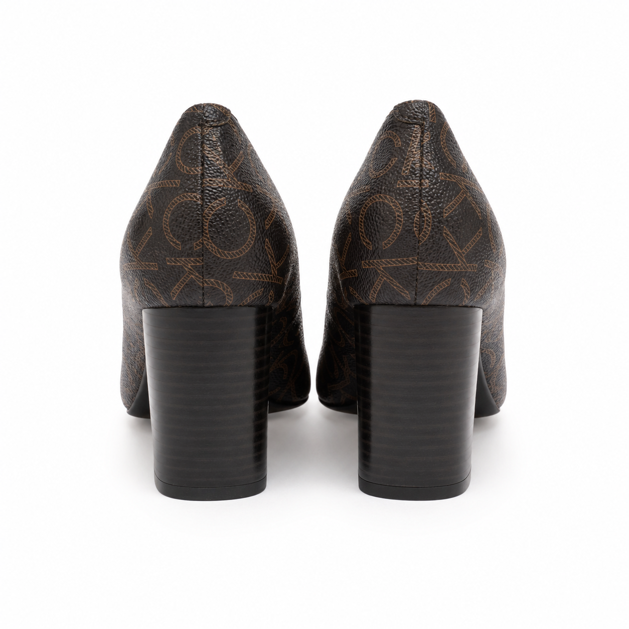 Calvin Klein Unesta block heel pumps in a brown monogram patter