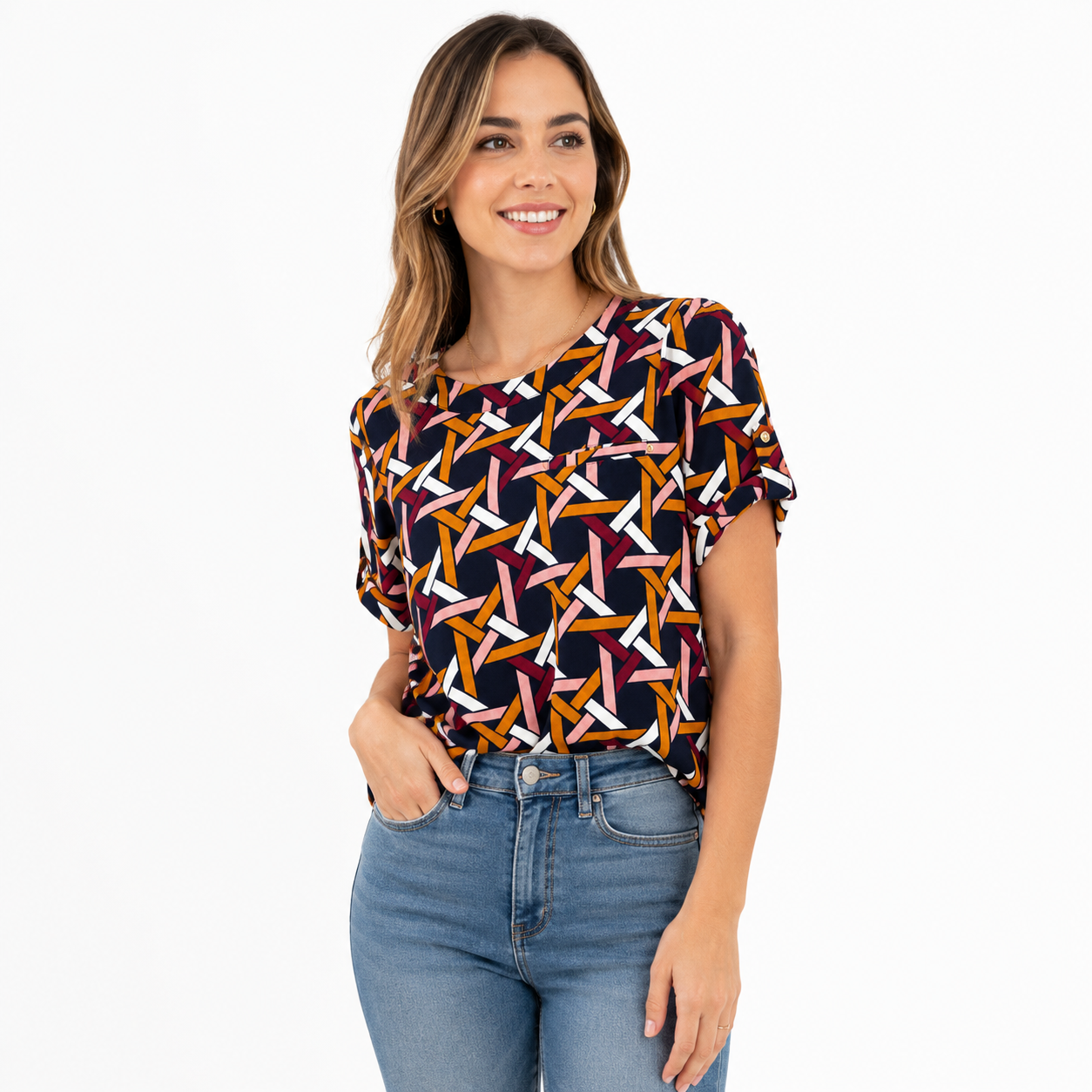 50th Street blouse has a multicolored geometric design
