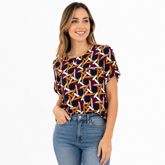 50th Street blouse has a multicolored geometric design