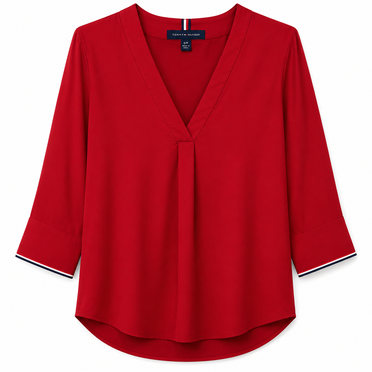 Tommy Hilfiger red blouse with V-neck and three-quarter sleeves with striped details.
