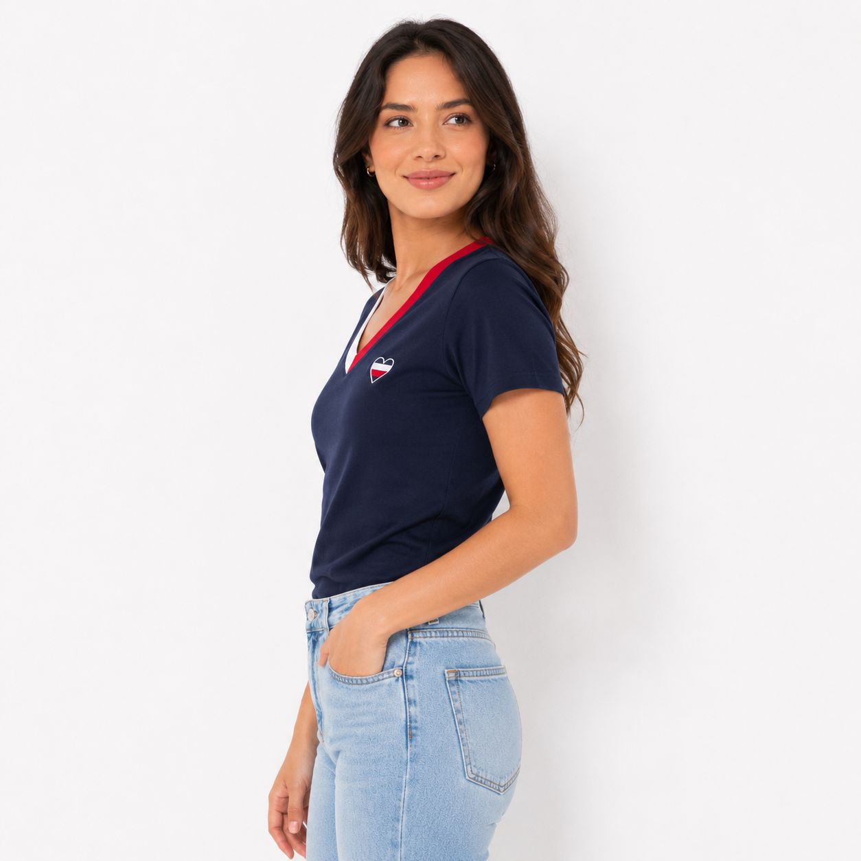 Tommy Hilfiger Women's Short Sleeve Split Flag V-Neck Tee