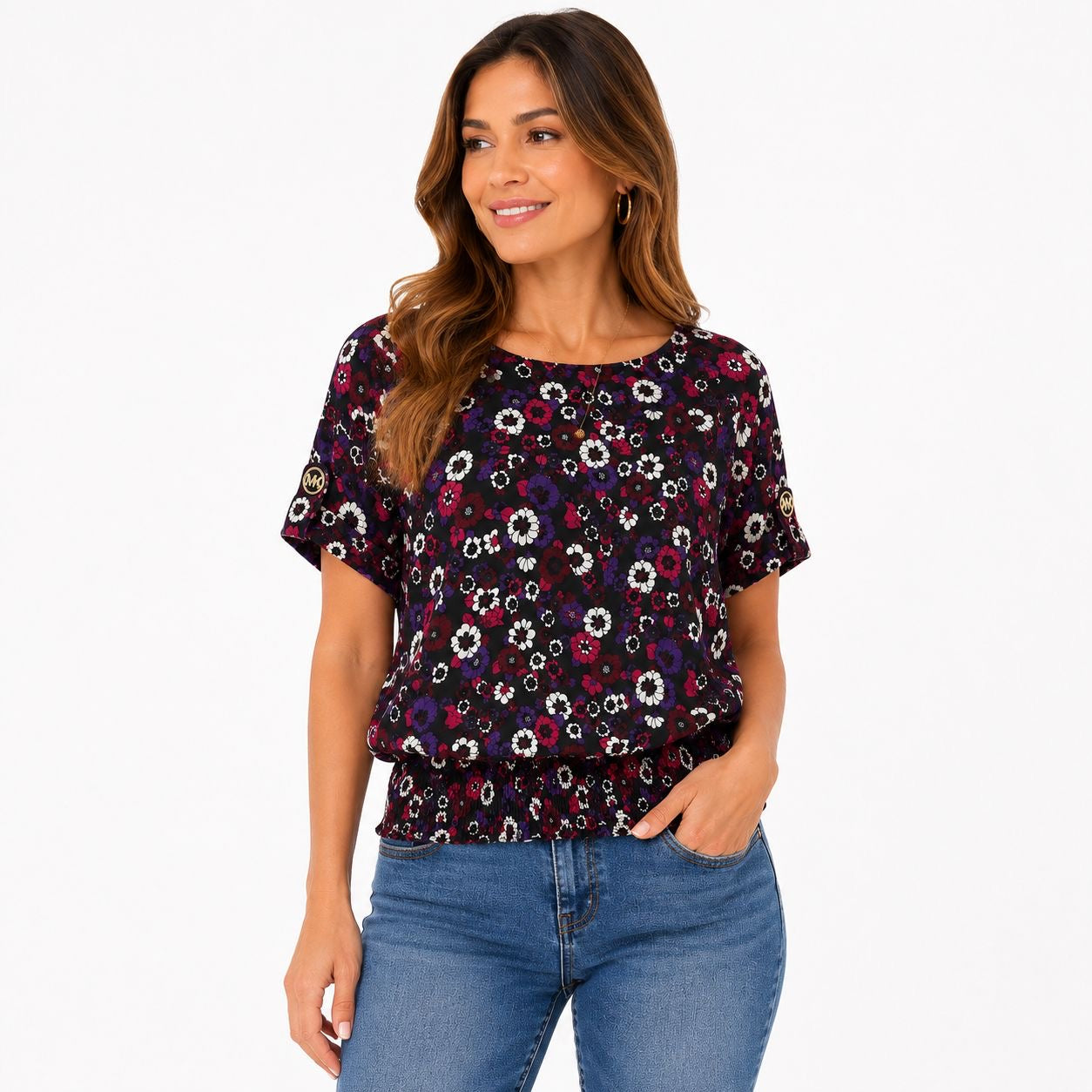 Michael Kors blouse model Azalea Kimono Top in black with multicolor floral print