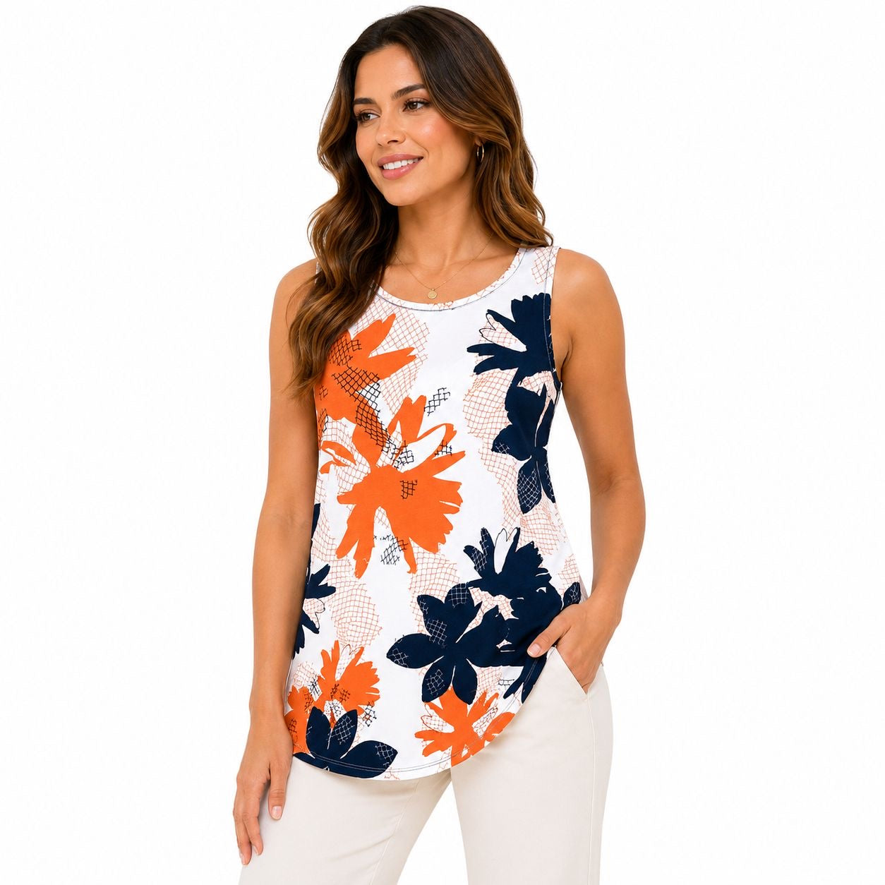Alfani sleeveless blouse has a vibrant floral print