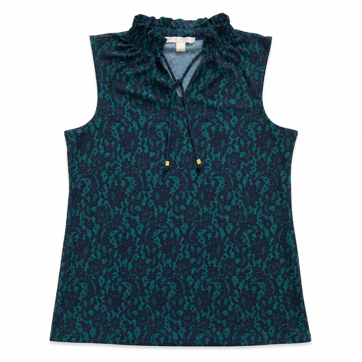 Michael Kors sleeveless blouse features a green lace print