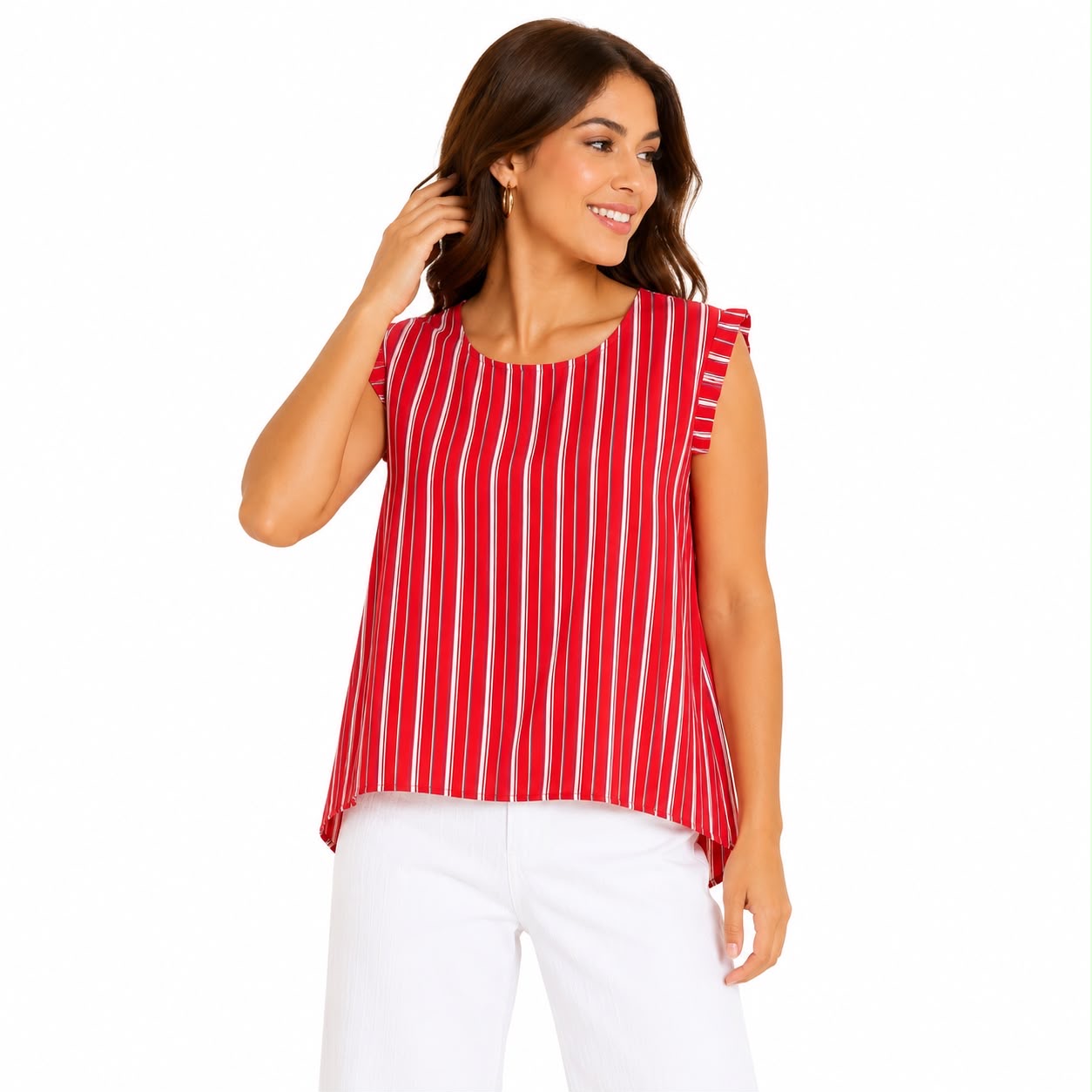 W5 blouse has a red and white vertical stripe print