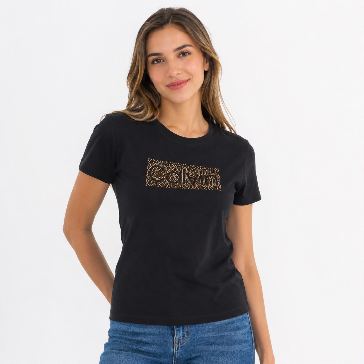 Calvin Klein black t-shirt features a front logo highlighted by bright details