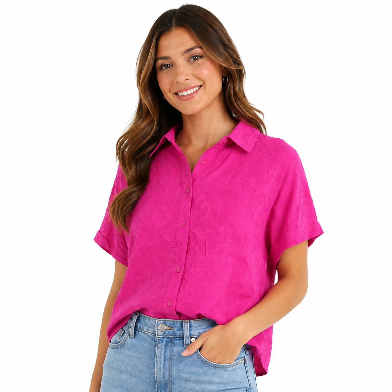 Hester & Orchard-Short-sleeved button shirt in vibrant fuchsia pink