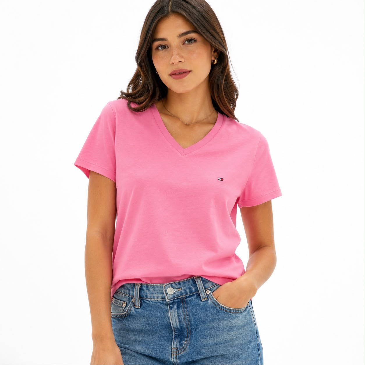 Tommy Hilfiger Short Sleeve Tops-Cotton Shirts for Women with V-Neckline and Logo Detail