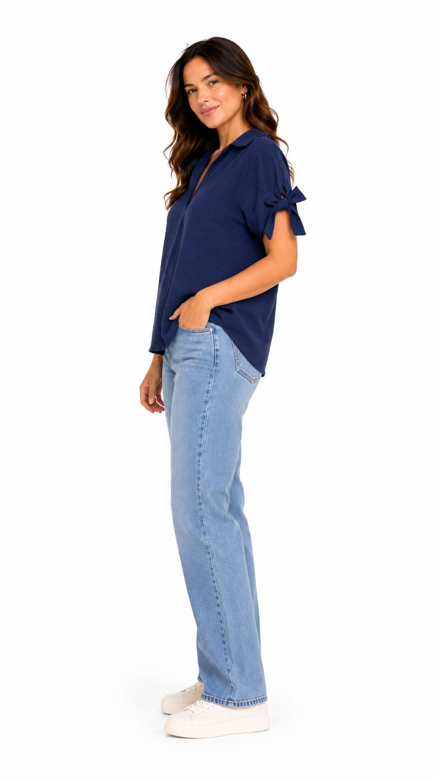 WRAPPER-Navy blue short-sleeved blouse