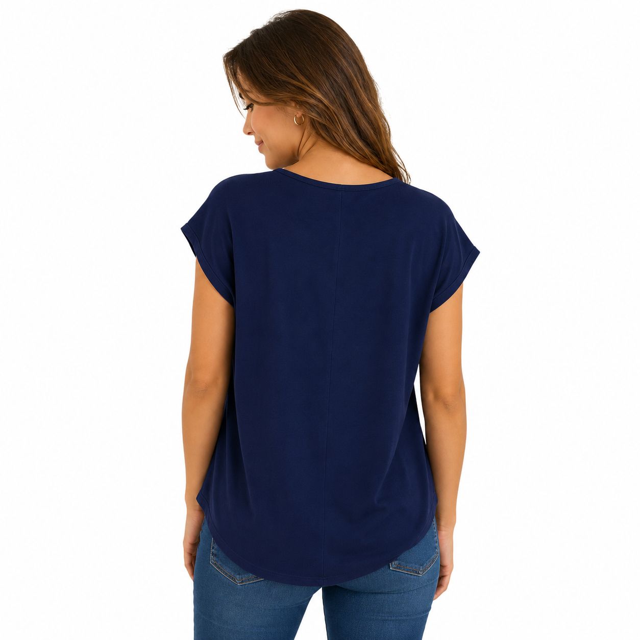 Agaci blouse is navy blue with white embroidery on the collar