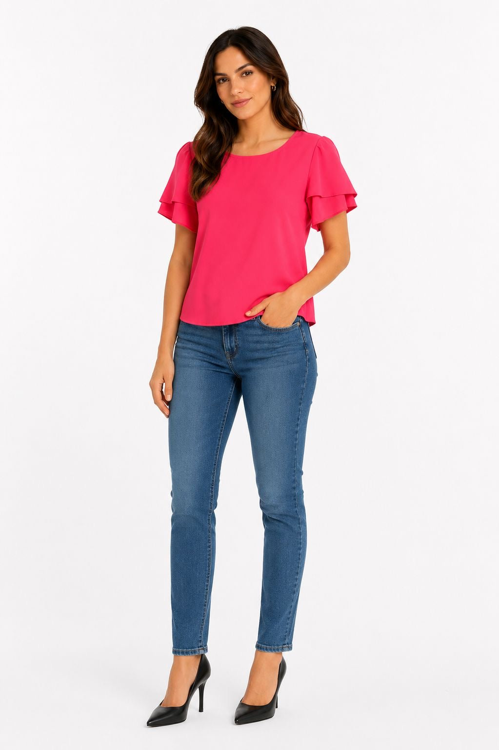 CALVIN KLEIN-Round neck blouse and puffy short sleeves (gola or petal type)