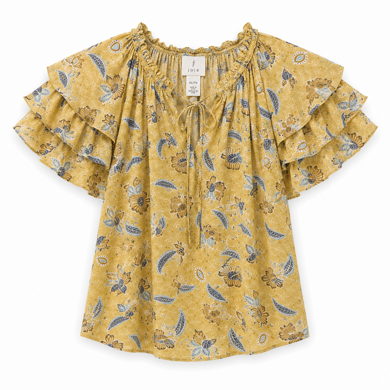 Joie blouse yellow with floral print, gathered collar with bows