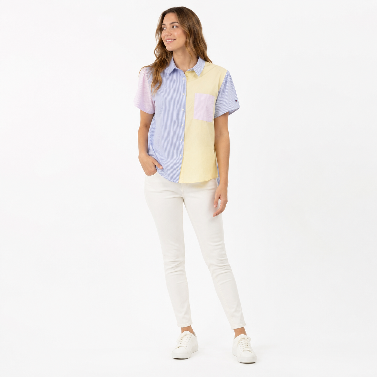 Tommy Hilfiger blouse with a classic cut with a striped design and color blocks.