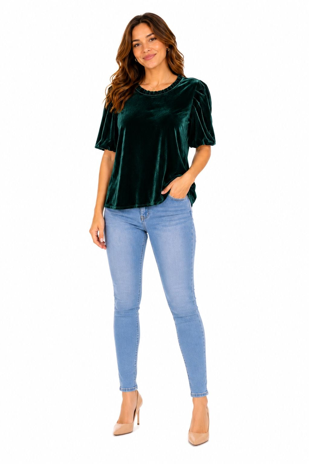 CeCe brand velvet blouse in an elegant emerald green tone