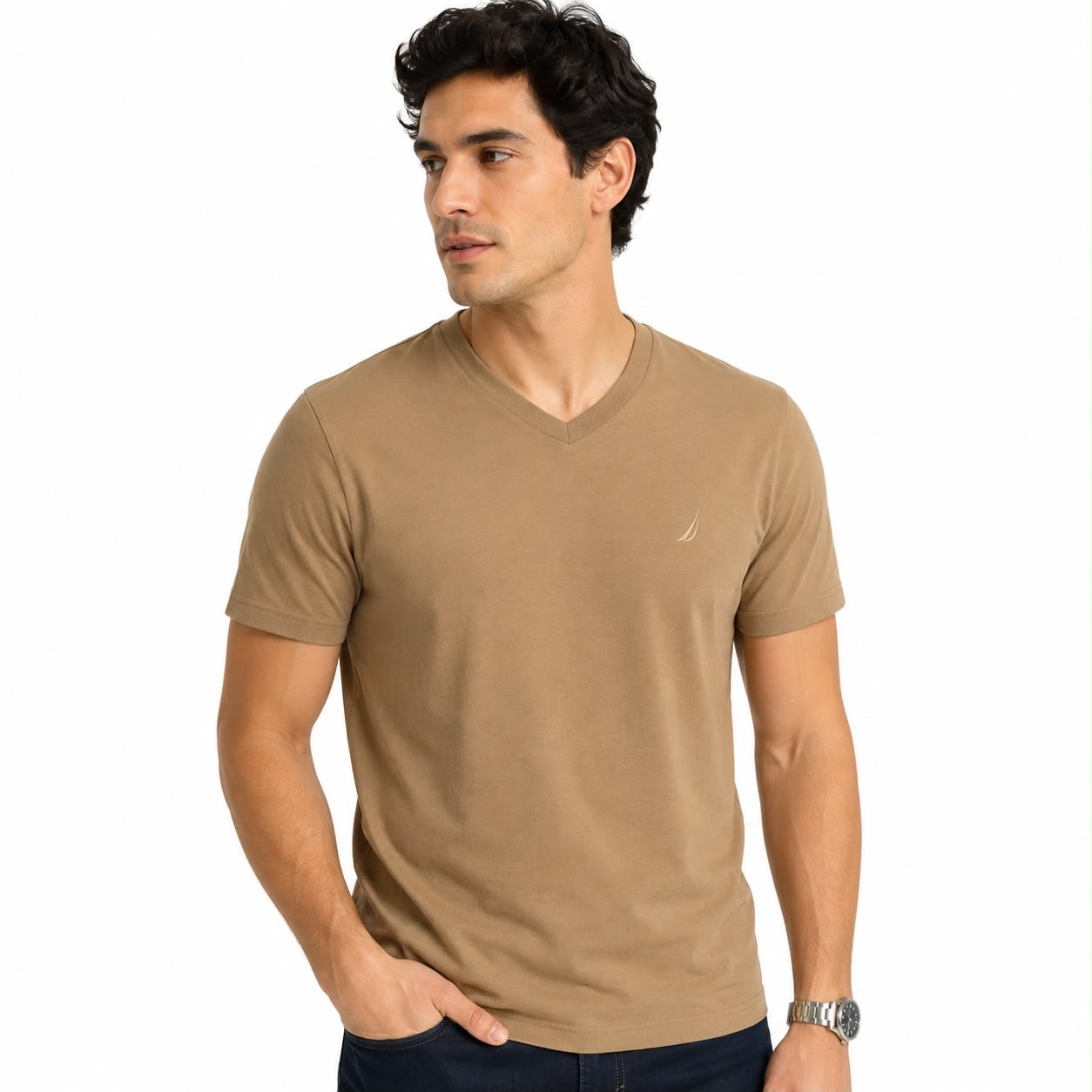 NAUTICA-Brown cotton V-neck t-shirt