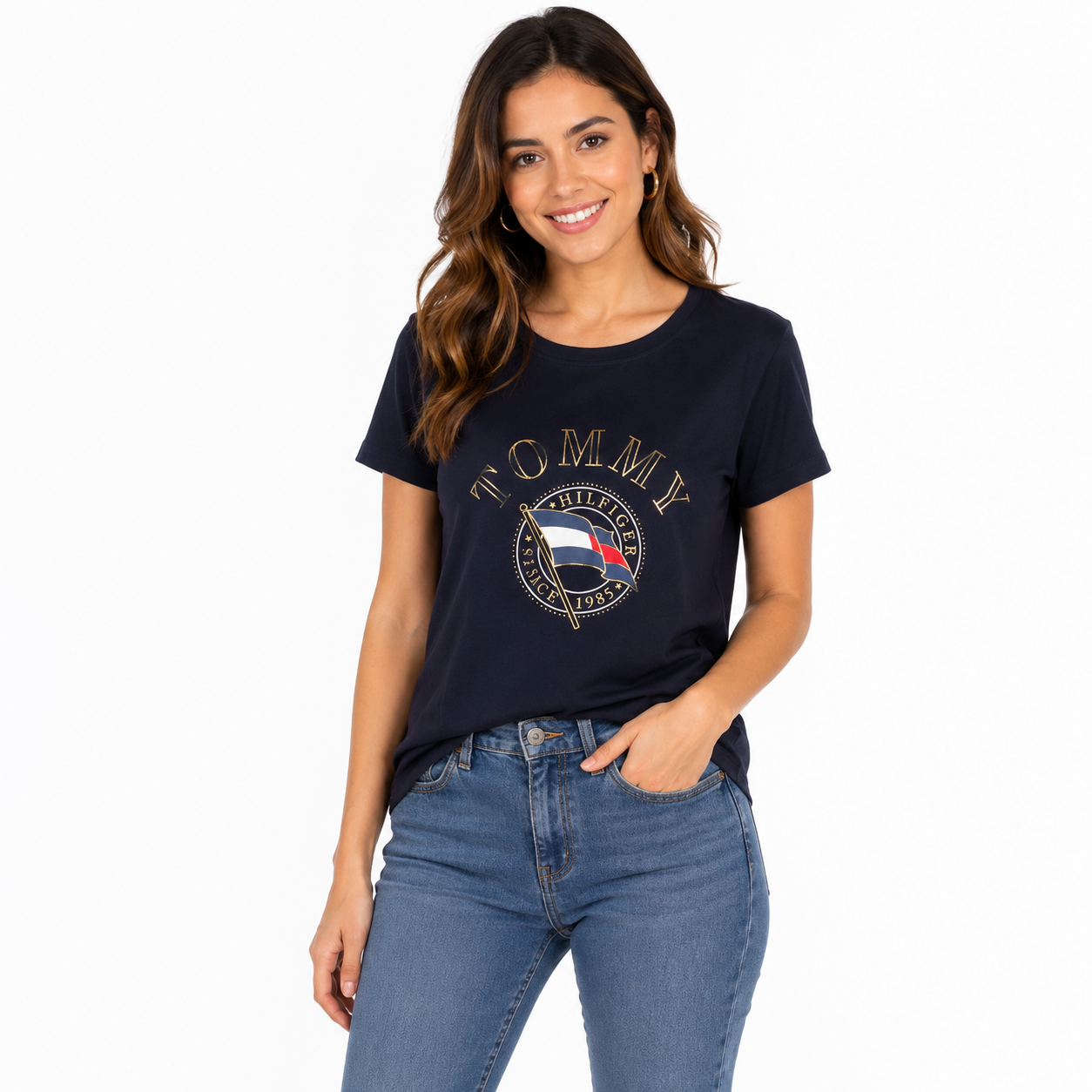 Tommy Hilfiger-Embroidered Wavy Flag Logo T-Shirt