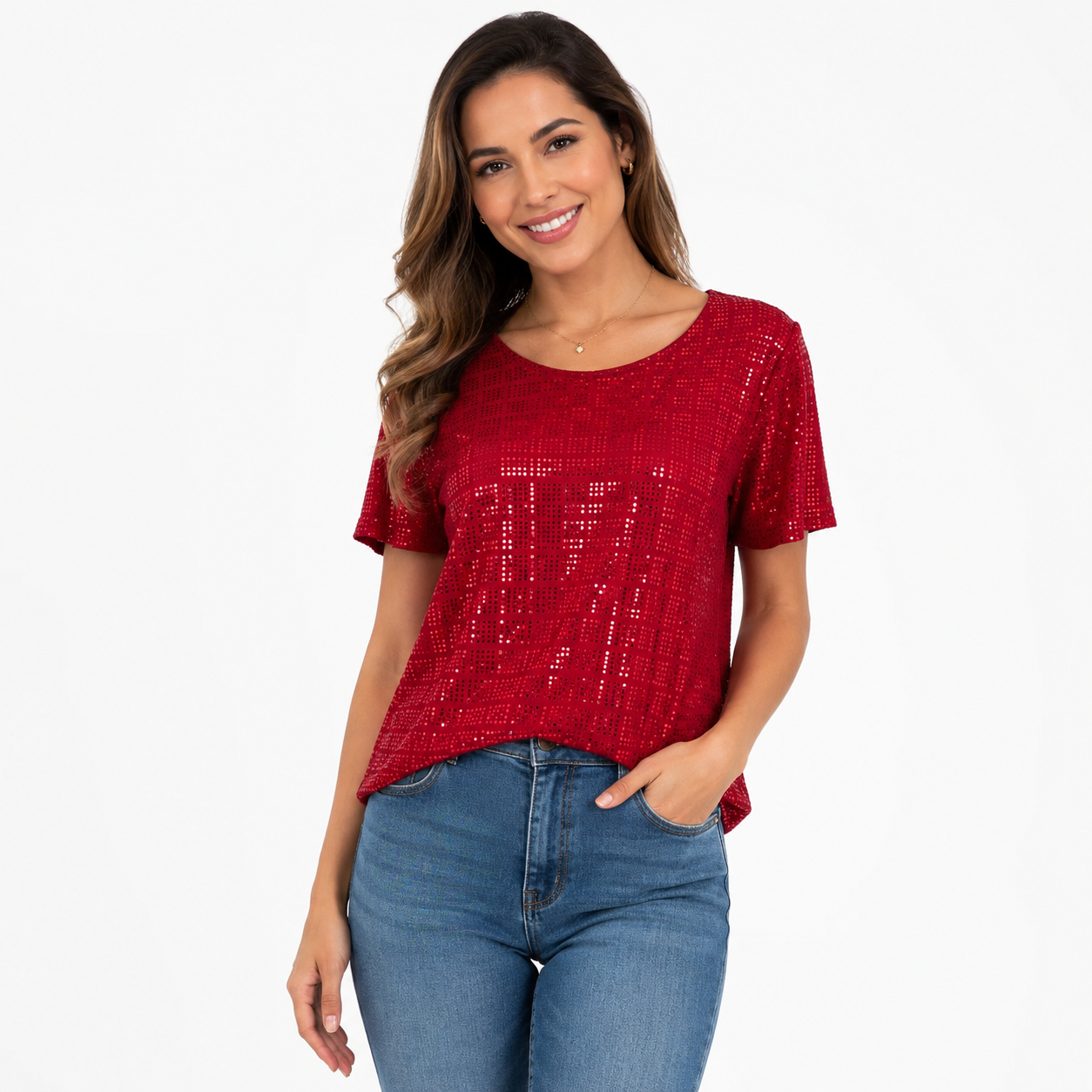 Carolyn Taylor brand shiny sequin red blouse