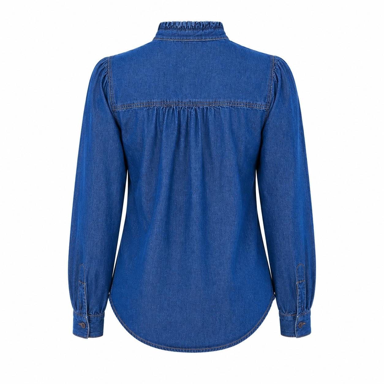 Tommy Hilfiger denim shirt stands out for its high collar with ruffles