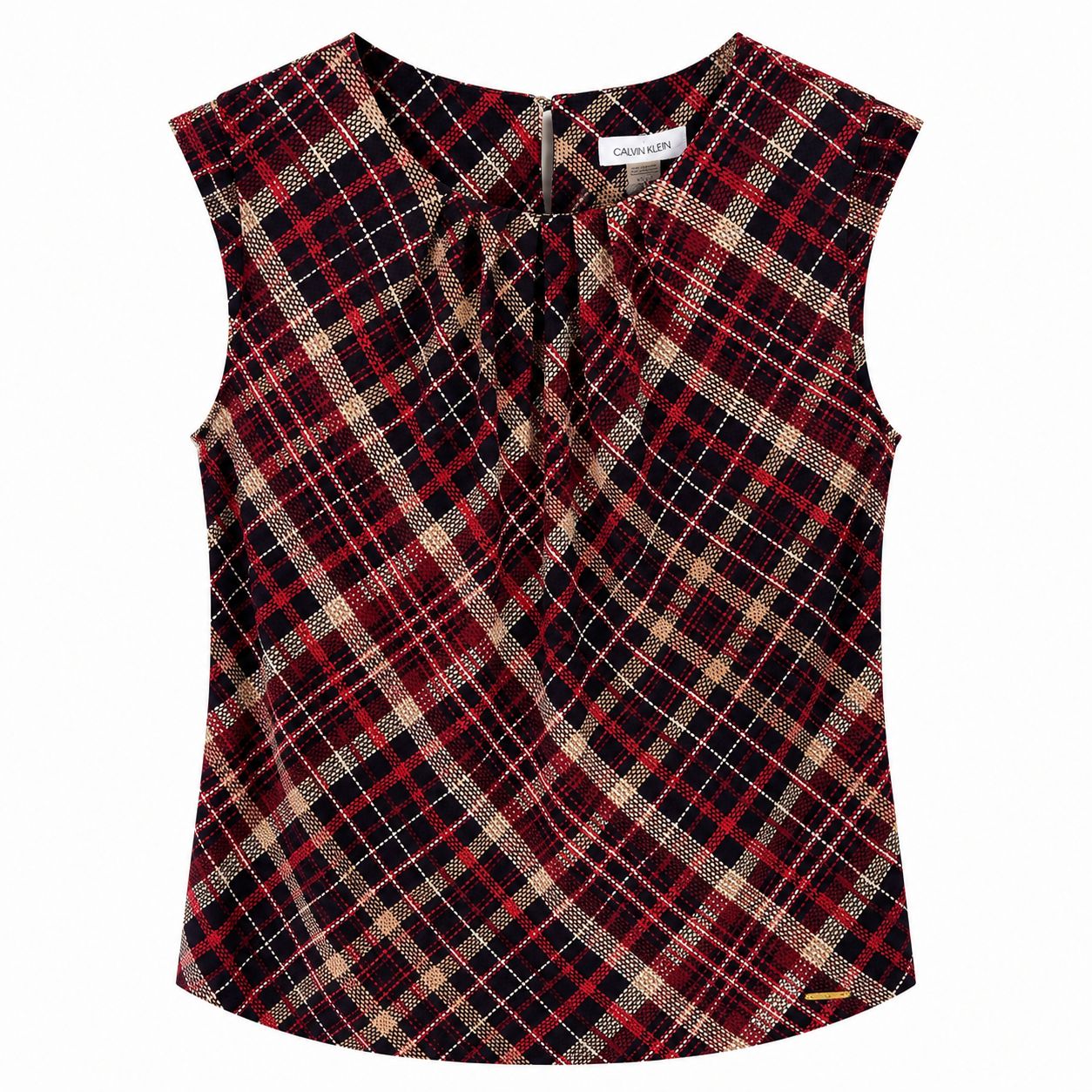 Calvin Klein sleeveless blouse features a red plaid pattern Women’s