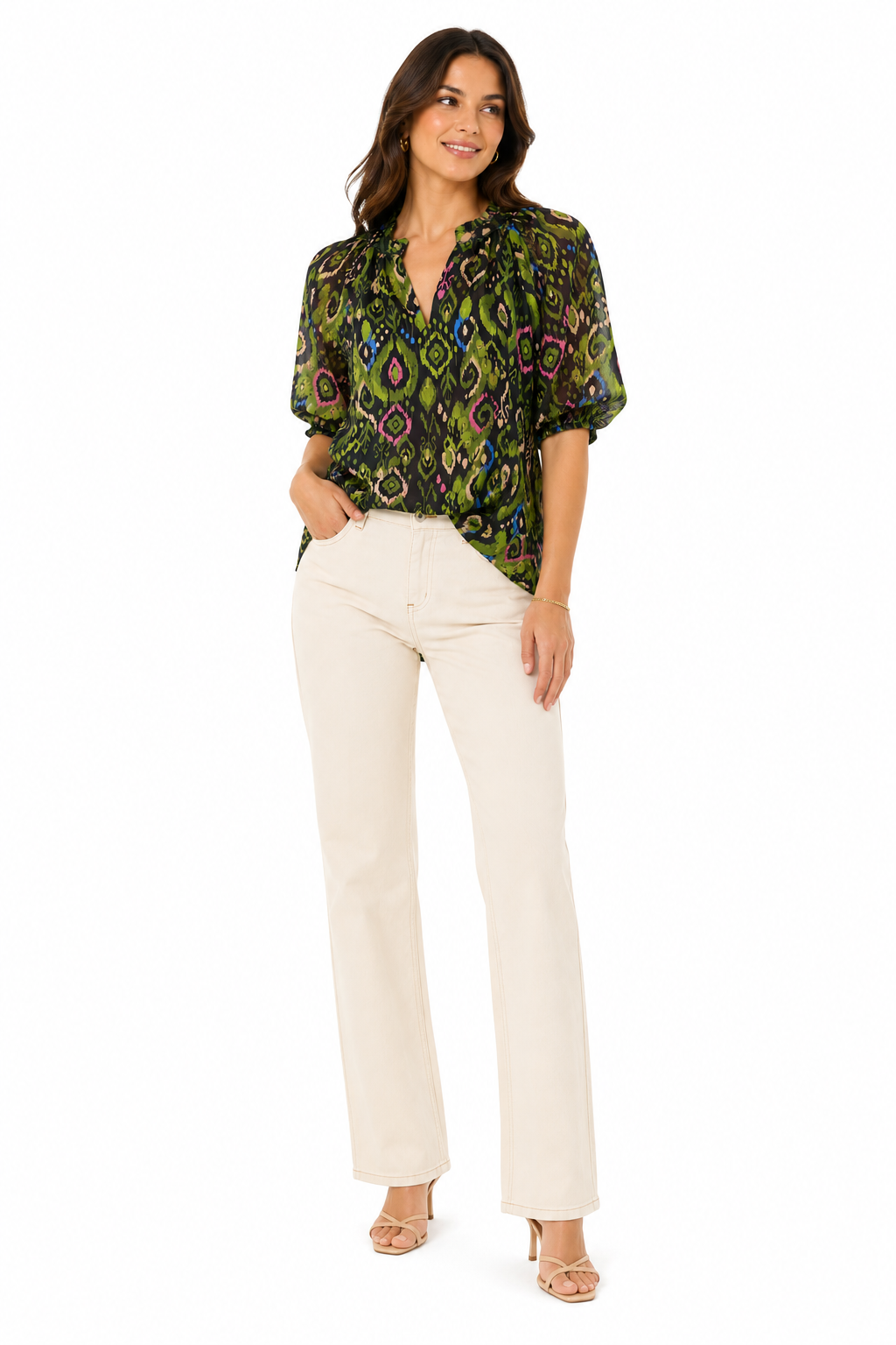 Philosophy blouse features a vibrant geometric design and puffy short sleeves