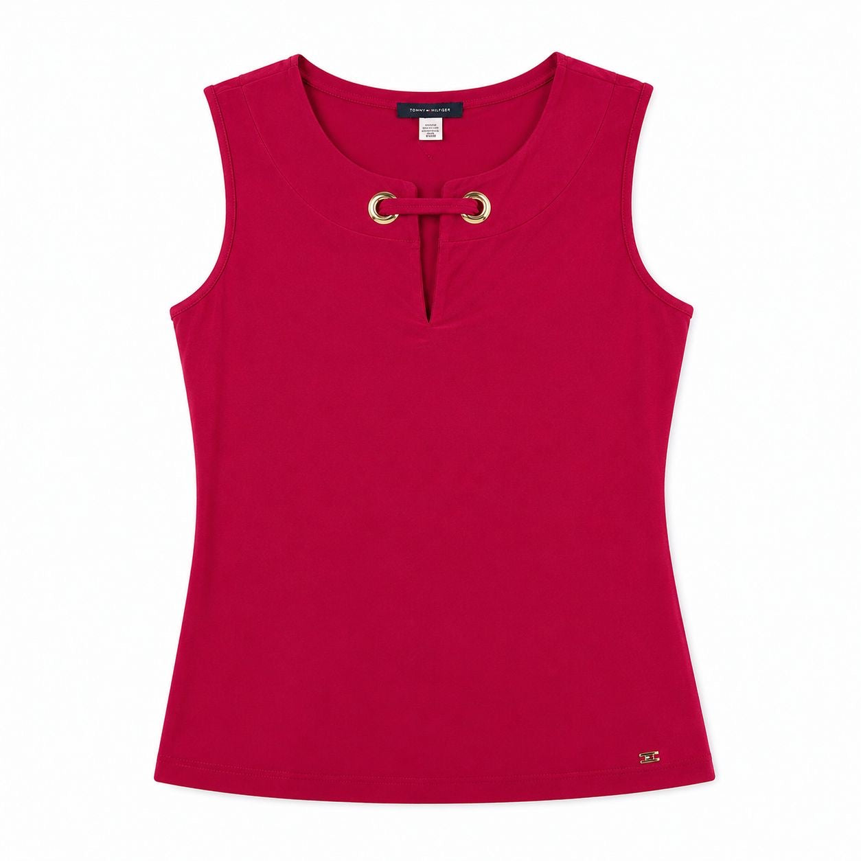 Tommy Hilfiger sleeveless blouse in fuchsia color with golden eyelet details on the collar
