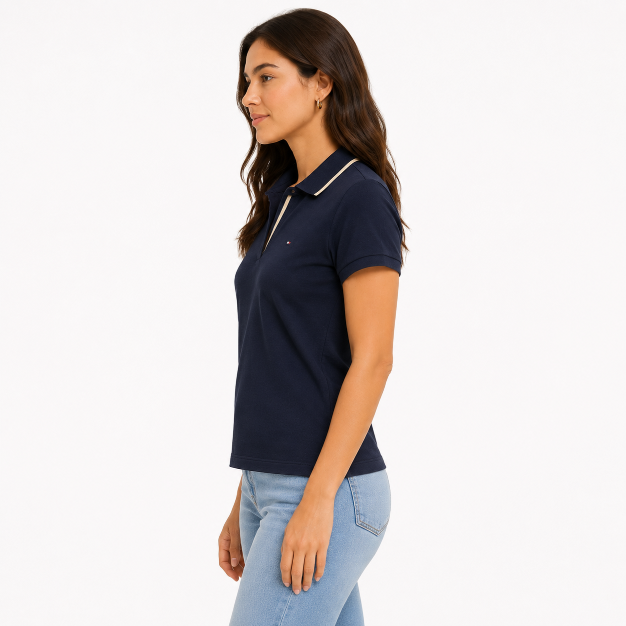 Tommy Hilfiger Navy blue polo shirt features a striped detail