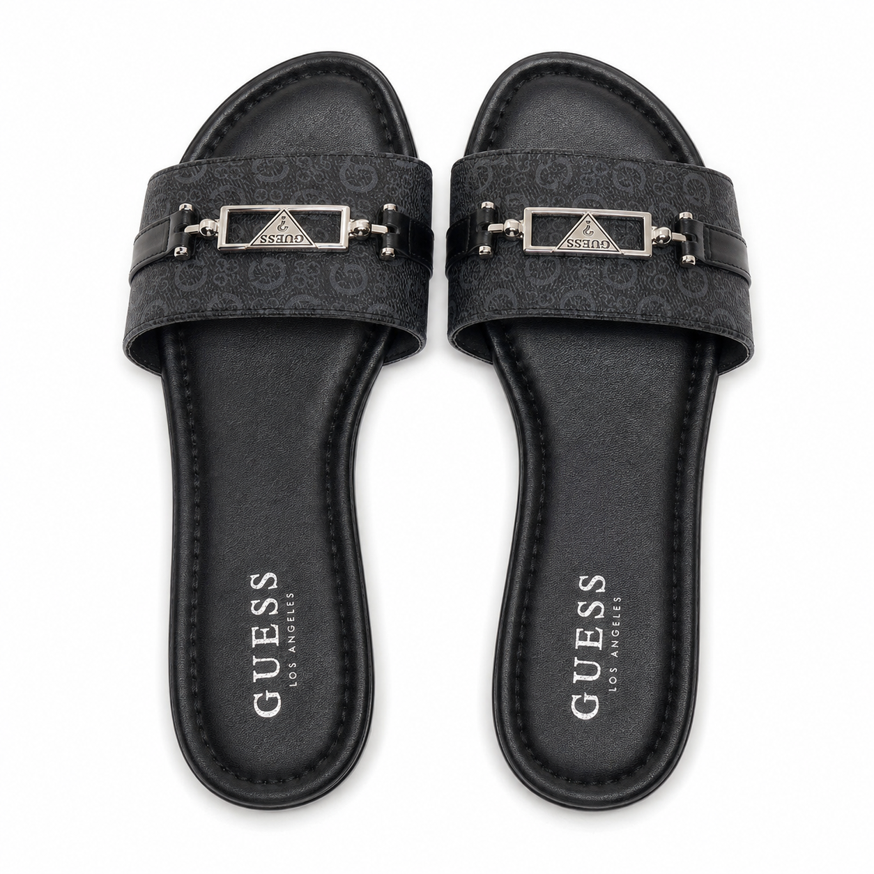 Guess flat sandals in black have a stripe with the monogram