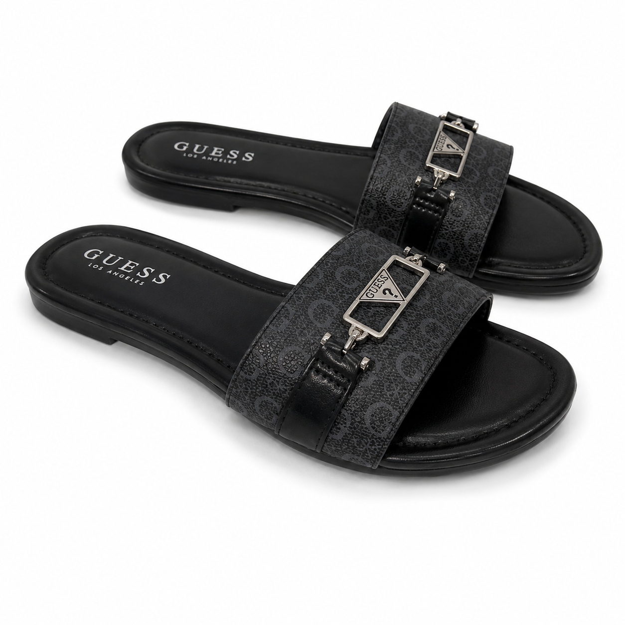 Guess flat sandals in black have a stripe with the monogram