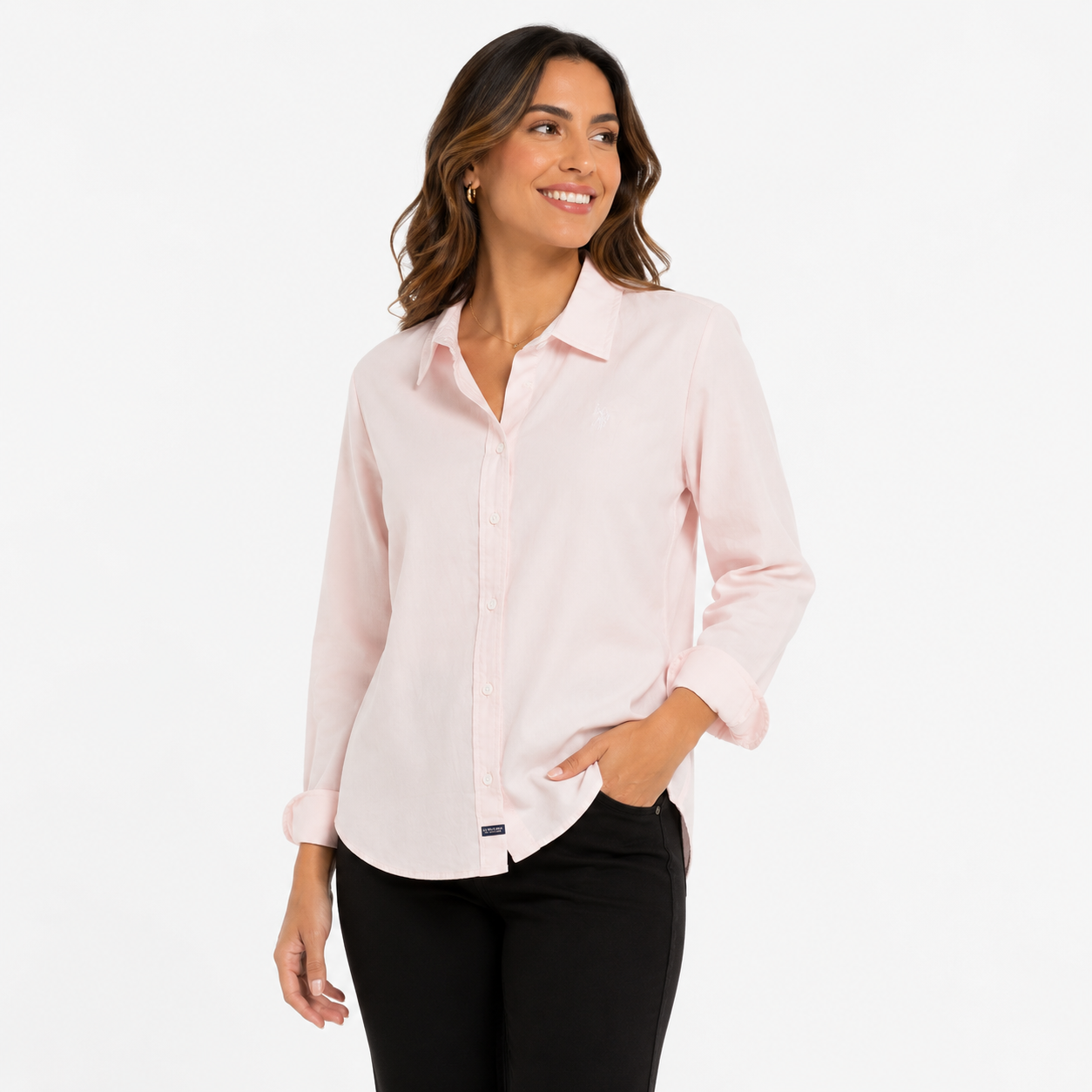 U.S. POLO ASSN. Pink button-down shirt for women is from the U.S. Polo Assn brand