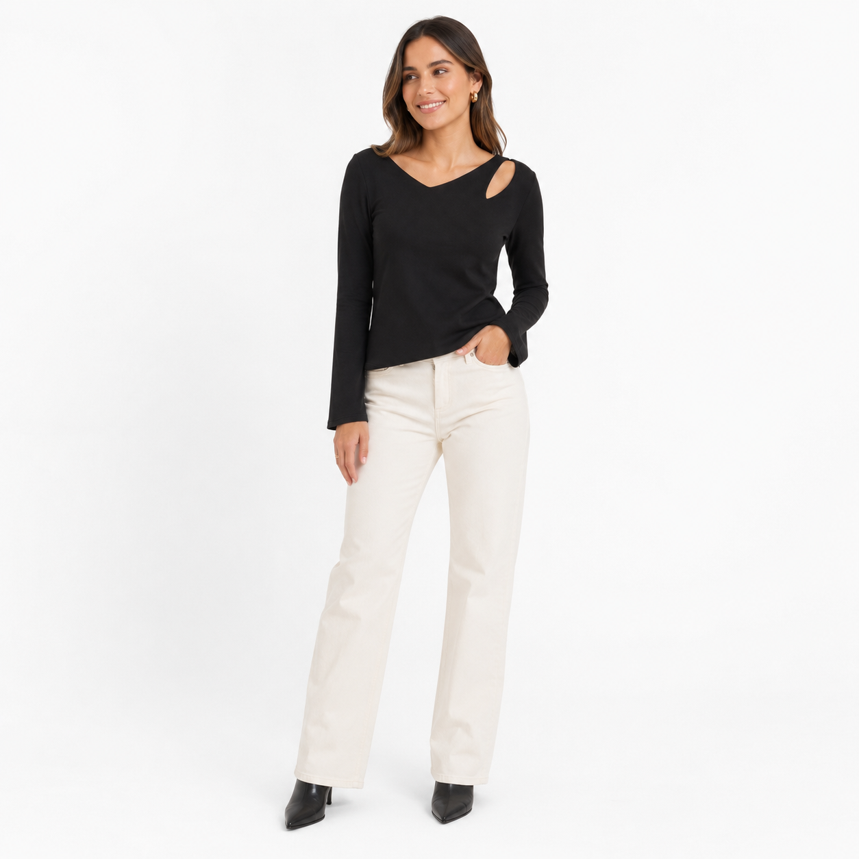 KAKTUS-Black long-sleeved blouse with an opening detail (cutout