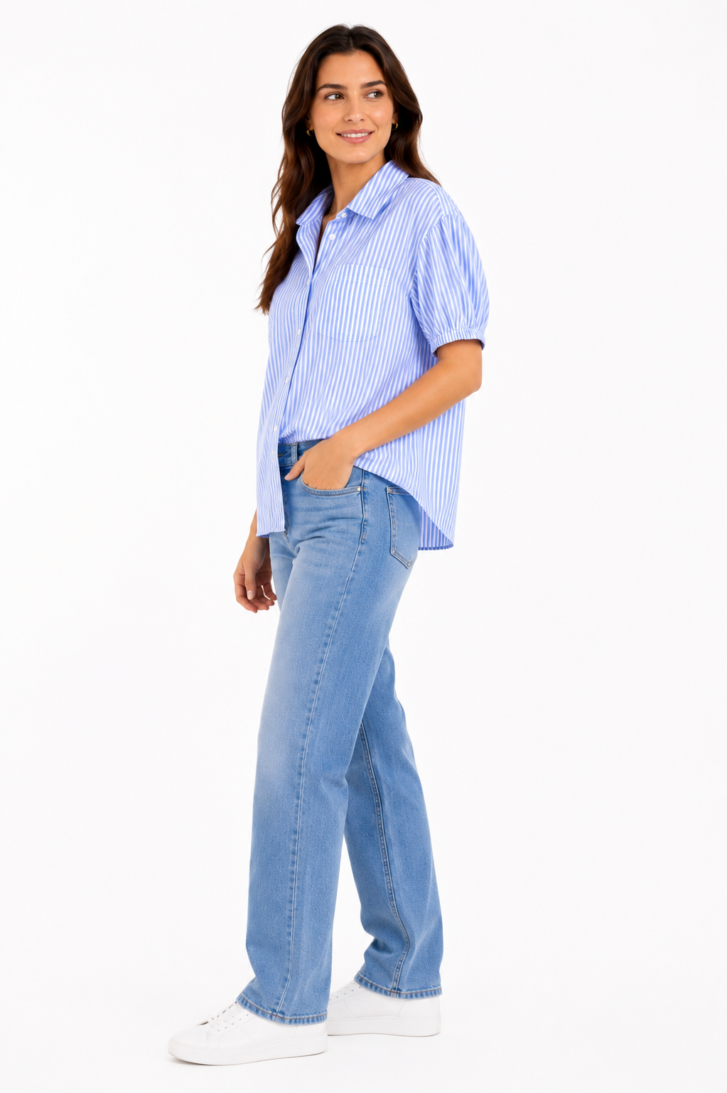 Beach Lunch Lounge -Light blue and white striped short-sleeved button shirt