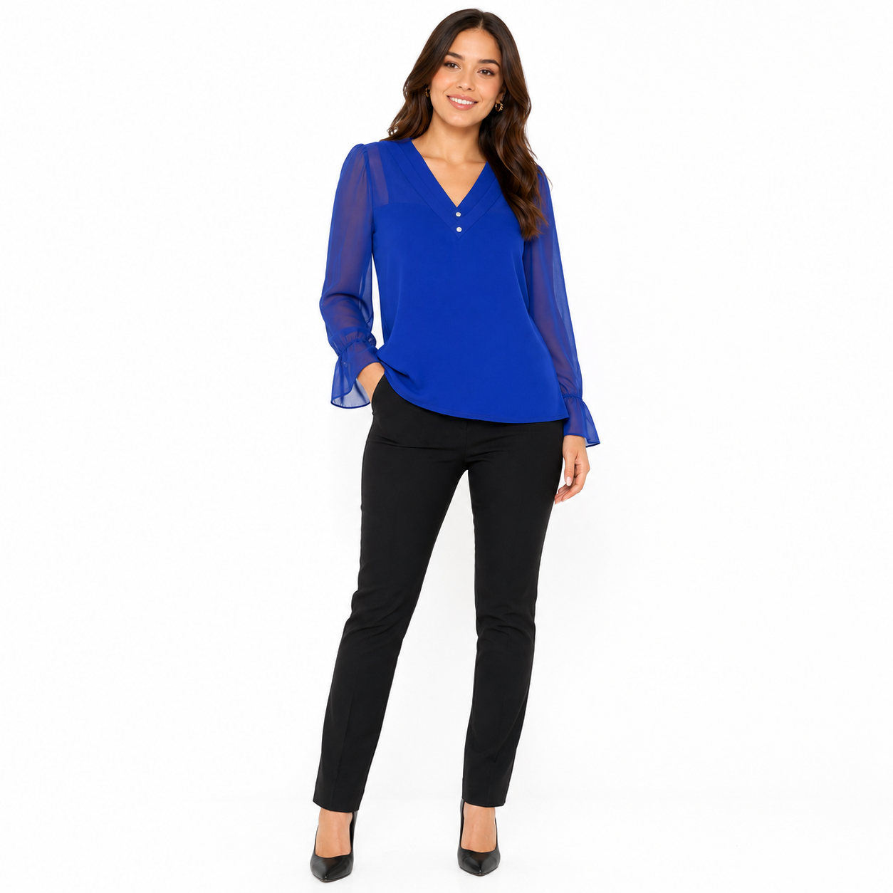 Adele & May brand blouse in a vibrant royal blue tone