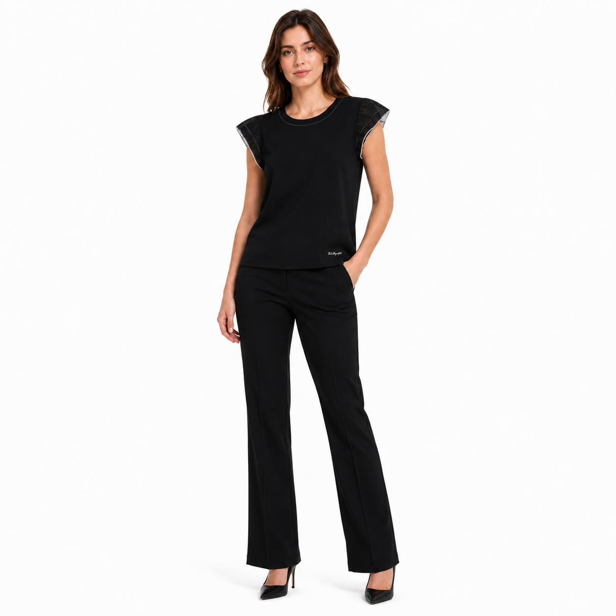 KARL LAGERFELD-Black round neck blouse with ruffle sleeves (ruffle-sleeve)