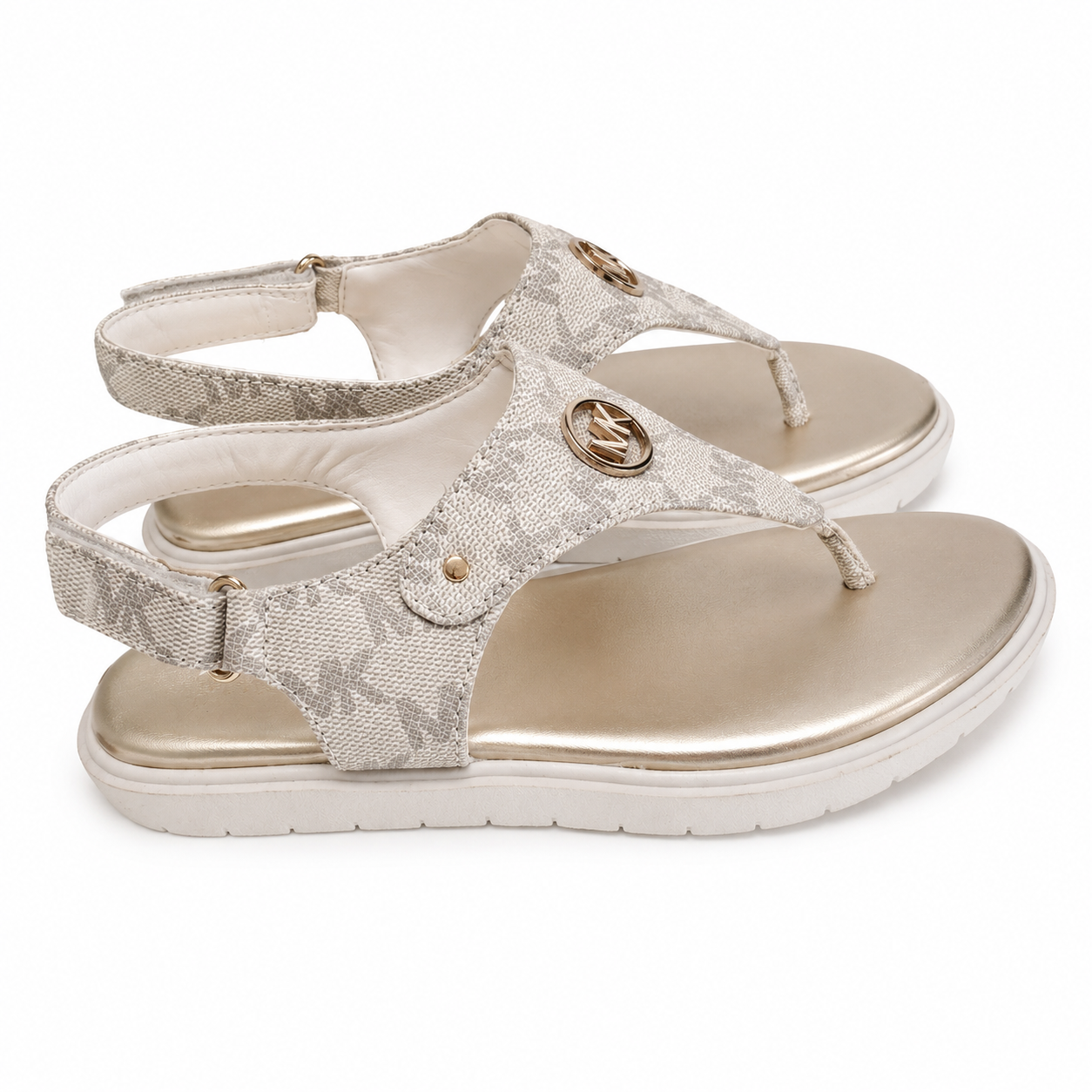 Michael Kors sandals model Val with logo print and golden metal plate.