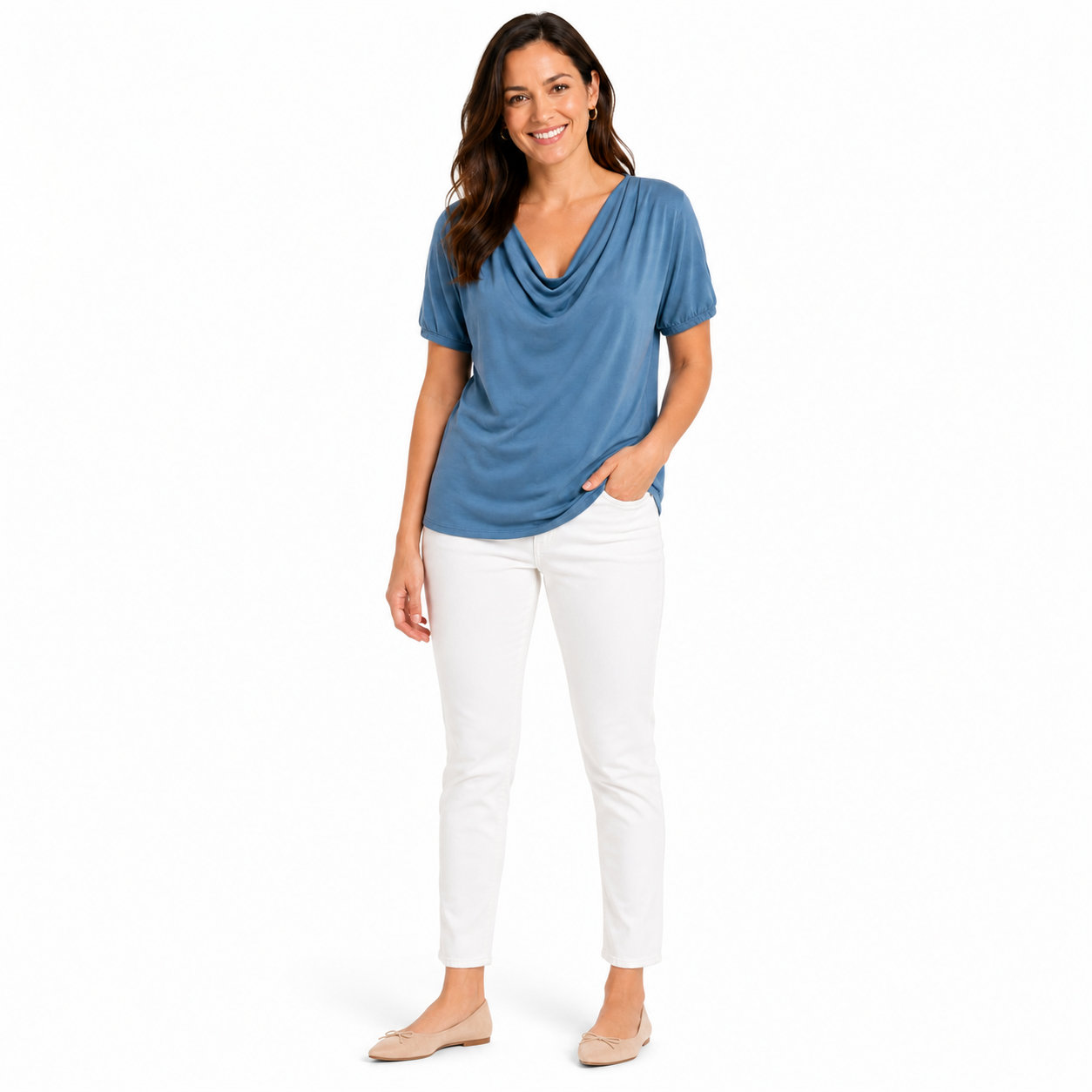 GREEN ENVELOPE-Short-sleeved blouse with draped collar from the Green Envelope Los Angeles brand,