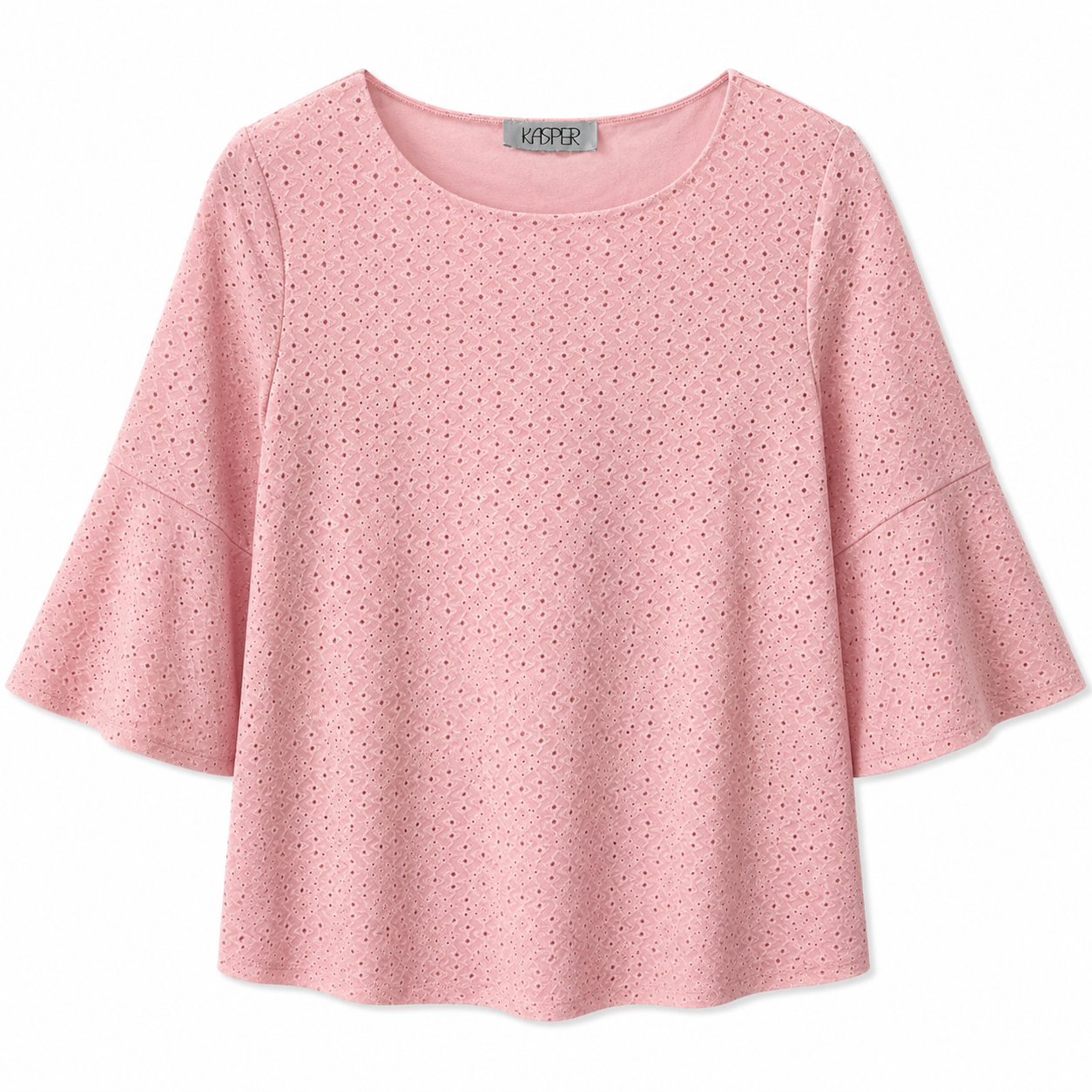 Kasper brand blouse is pink and has an English embroidery design